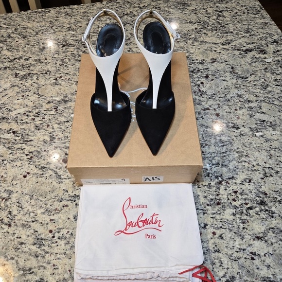 NEW Christian Louboutin Athina Black Suede and White Leather Heels 100mm Size 39 - Picture 2 of 11